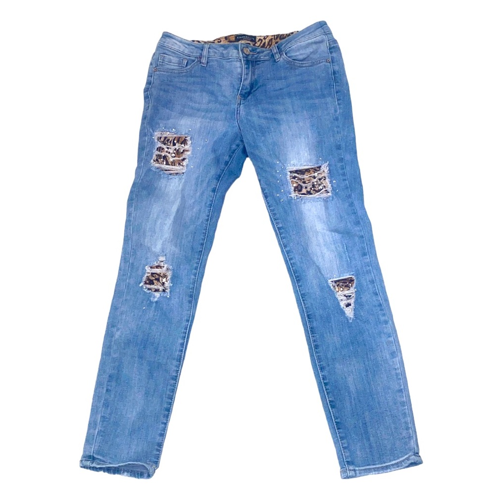 Bebe indigo blitz animal print patch y2k rhinestone skinny jeans sz 28 cropped